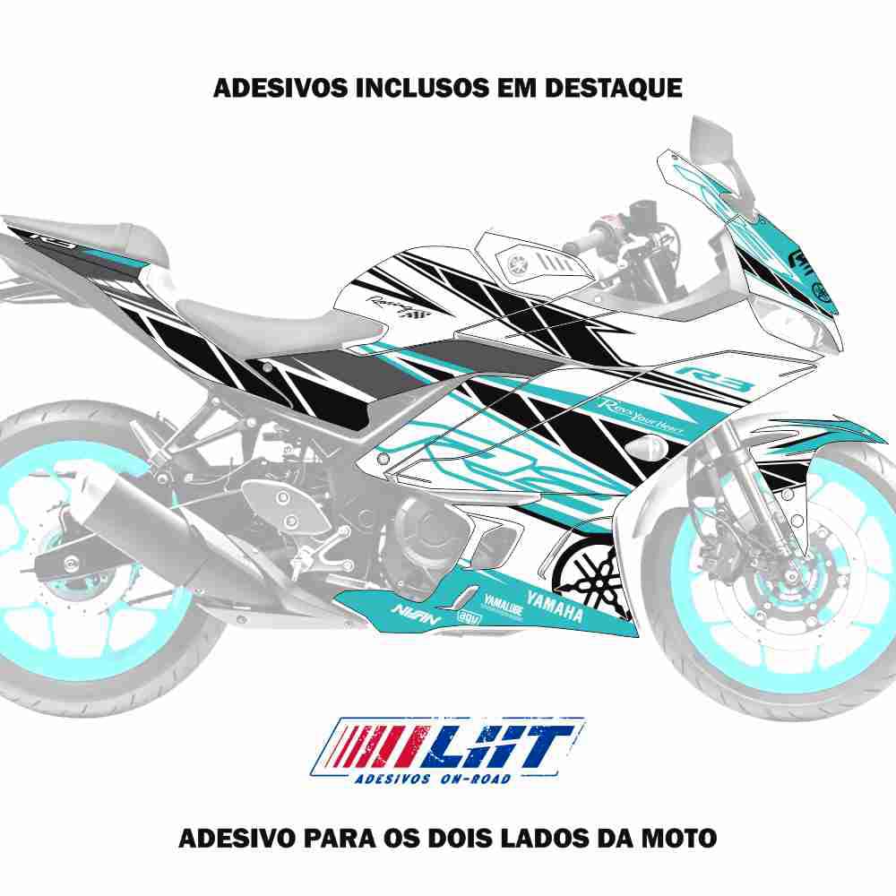 Adesivo R3 Completo 2020/2024 - Racing Flow Branco/Turquesa - Imagem 2