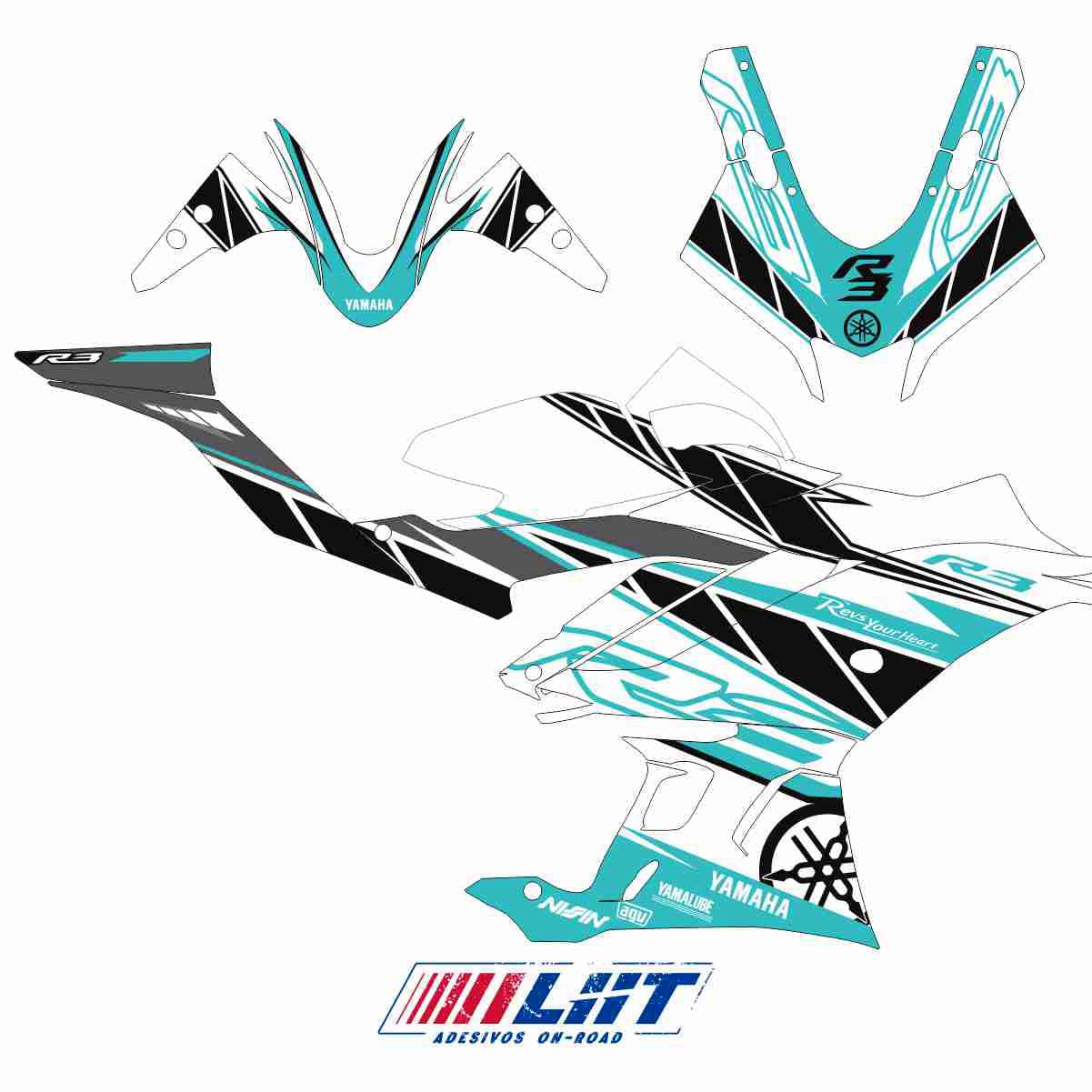 Adesivo R3 Completo 2020/2024 - Racing Flow Branco/Turquesa - Imagem 3